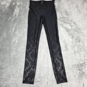 SPANX Leggings Small Black Faux Leather Embossed Damask Brocade Shiny 20261R